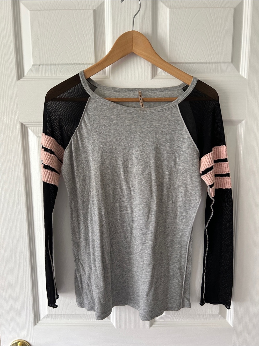 PETE Women’s Grey Raglan Top with Black Mesh Sleeves and Pink Stripes